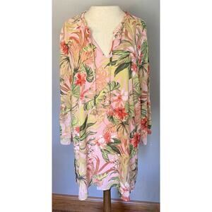 J Jill Tunic Dress Sz LG Seashell Paradise Tropical Floral Pink Bell Sleeve